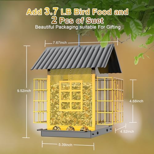 Bird Feeders for Outdoors Hanging, Metal Bird Feeder with Double Suet Cage Cake, Large Capacity, Birdfeeders Sturdy & Weatherproof, Easy to Clean & Refill, Great for Attracting Wild Birds
