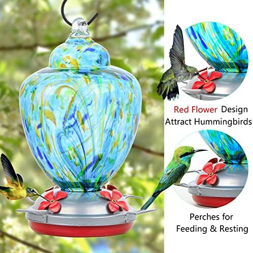REZIPO Hummingbird Feeder with Perch - Hand Blown Glass - Light Green - 38 Fluid Ounces Hummingbird Nectar Capacity Include Hanging Wires and Moat Hook