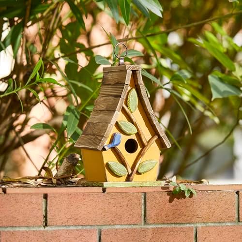 Glitzhome Bird Houses for Outside, Bluebird Houses for Outdoors, 9.5"H Hanging Bird House Decorative Solid Wood Birdhouse with Natural Wood Pallet Roof for Hummingbird,Sparrow,Wren Finch,Washed Yellow