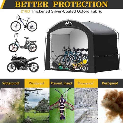 Happy Travel Bike Storage Shed Tent, Waterproof Portable Bicycle Cover with 30% More Top Storage Space for 2/3/4/5 Bikes,Clips Easy Setup Outdoor Sheds Shelter for Motorcycle, Garden Tools, Lawn Mower