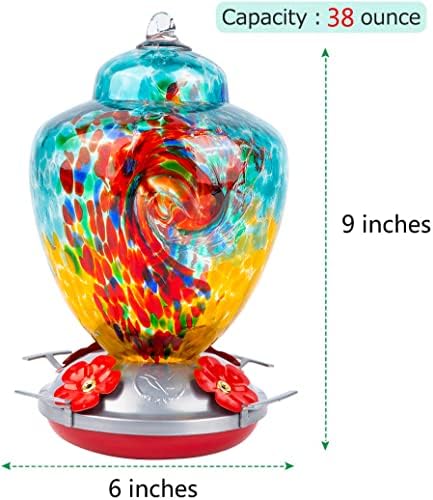 REZIPO Hummingbird Feeder with Perch - Hand Blown Glass - 38 Fluid Ounces Hummingbird Nectar Capacity Include Hanging Wires and Moat Hook (Half Green)