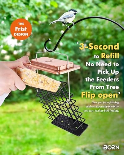 iBorn Suet Feeder Suet Bird Feeders [Single Capacity] for Outside Hanging with Taller Grid for Woodpecker,Metal Brushed Copper（Pack of 2）