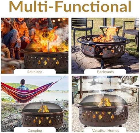Sunnydaze Crossweave Outdoor Fire Pit - Wood-Burning Fire Pit for Outside with Spark Screen, Poker and Round Cover - 36-Inch - Bronze