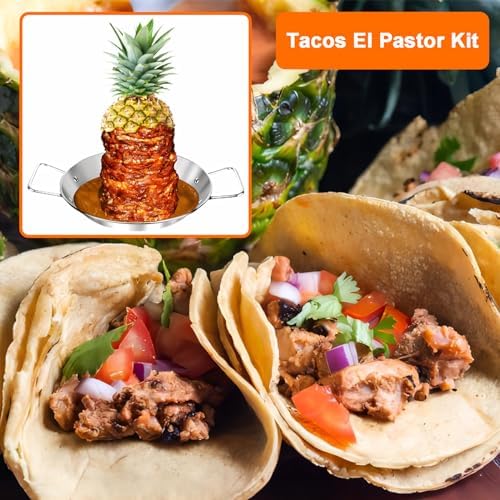 Al Pastor Skewer for Grill, Extra Large 13 Inch Gyro Pan with Fat Separator, Brazilian Spit Stand with 5 Spikes & 2 Brushes, Stainless Steel Vertical Sticks for Shawarma, Chicken on Smoker Oven