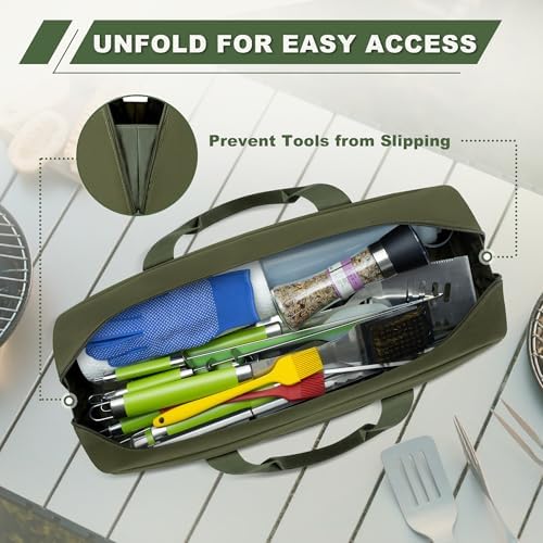 Grill Tool Storage Bag, Outdoor BBQ Utensil Holder for Barbecue Tool up to 20", Large Grill Utensil Storage Caddy with Pockets, BBQ Accessories Case Container for Camping, Bag Only, Green