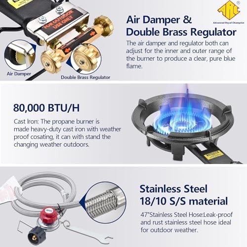 ARC Outdoor Propane Burner Stove, 13" Single Propane Burner, Cast Iron Portable Wok Burner With Bilateral Control Rings and 0-20 PSI Adjustable regulator, Stainless Steel Hose