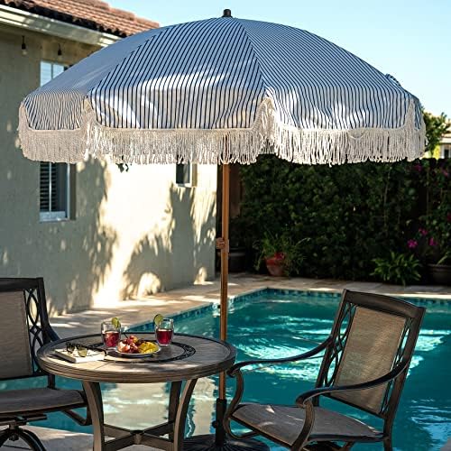 AMMSUN 7ft Patio Umbrella with Fringe Outdoor Tassel Umbrella UPF50+ Premium Steel Pole and Ribs Push Button Tilt, Navy Blue Stripes