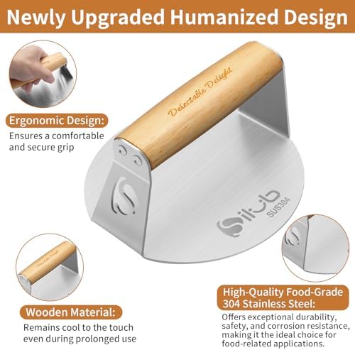 Burger Press 304 Stainless Steel Smash Burger Press with Wide Turner, 6" Hamburger Smasher Tool, Hamburger Press Perfect for Meat Weight Press, Cooking, and Burger Smasher for Grill Cooking