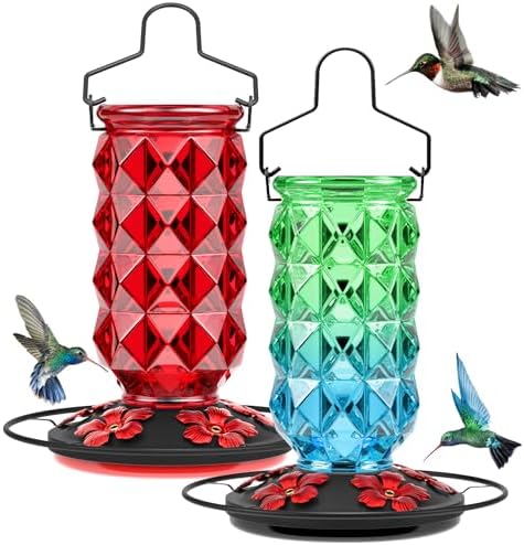 2 Pack Glass Hummingbird Feeders for Outdoors, 25 Ounces Wild Bird Nectar Feeder with Perch & 5 Flower Feeding Ports Leak Proof Hanging for Garden Backyard Decor, Gifts for Women Mom, Red & GreenBlue