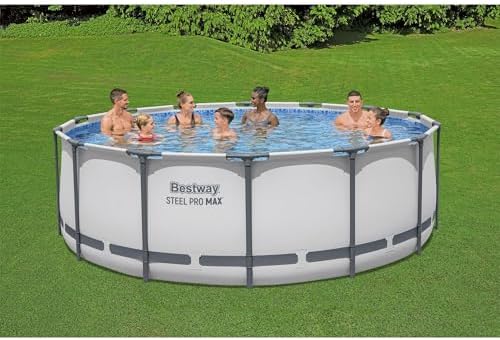 Bestway Steel Pro MAX 14 Foot x 48 Inch Round Metal Frame Above Ground Outdoor Swimming Pool Set with 1,000 Filter Pump, Ladder, and Cover, Gray