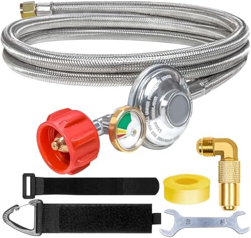 6Ft Stainless Braided Propane Regulator Hose with Gauge，QCC1 Low Pressure Propane Tank Extension Hose for 20lb Tank with Elbow Adapter for Blackstone Grill,Most LP Gas Grill,Heater Fire Pit Table