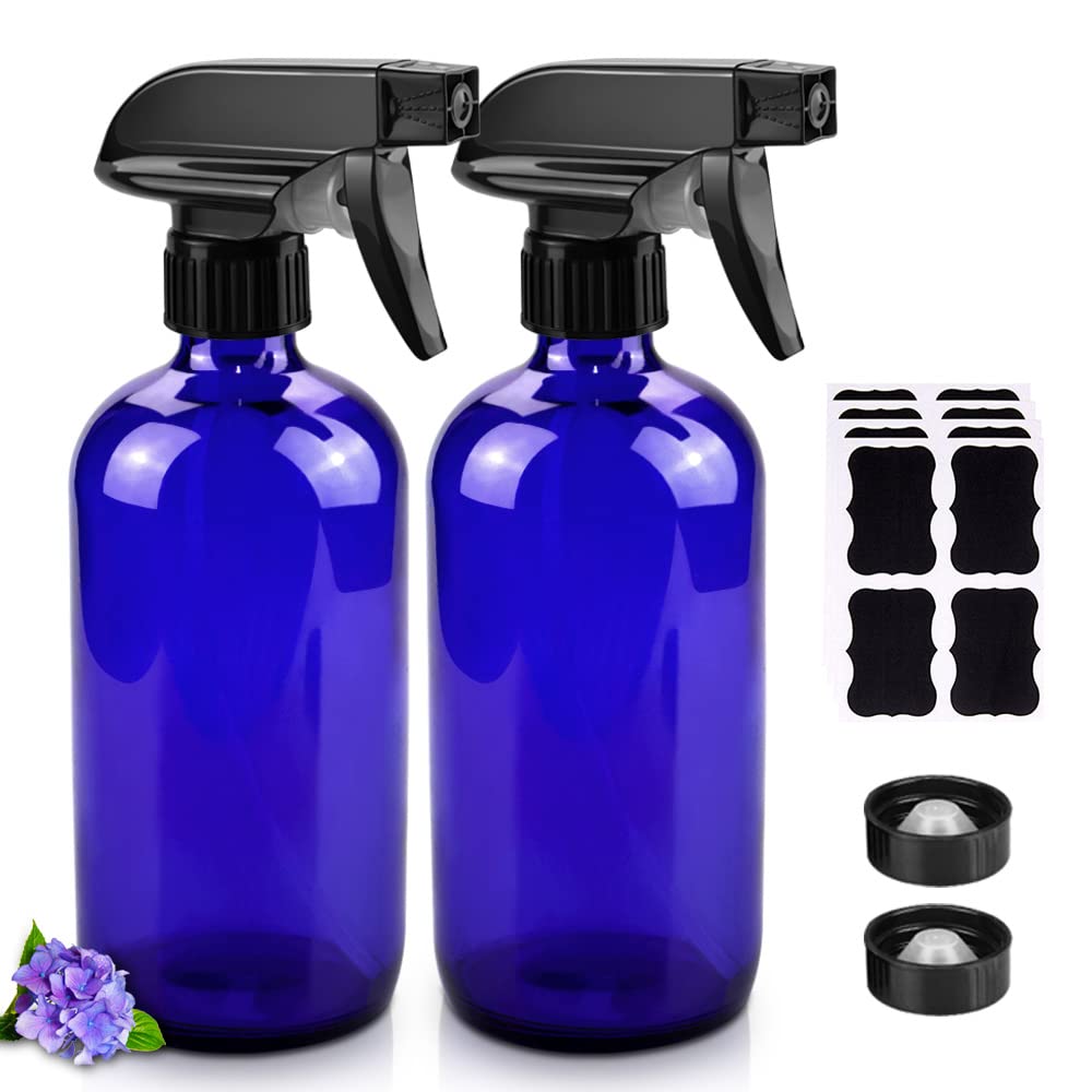 Glass Spray Bottles, 16oz Refillable Containers, Empty Boston Round Bottles with Labels & Adjustable Nozzle for Cleaning, Gardening, Aromatherapy, Pets, Plant, Hair -Clear (1 Pack)