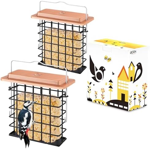 iBorn Suet Feeder Suet Bird Feeders [Single Capacity] for Outside Hanging with Taller Grid for Woodpecker,Metal Brushed Copper（Pack of 2）