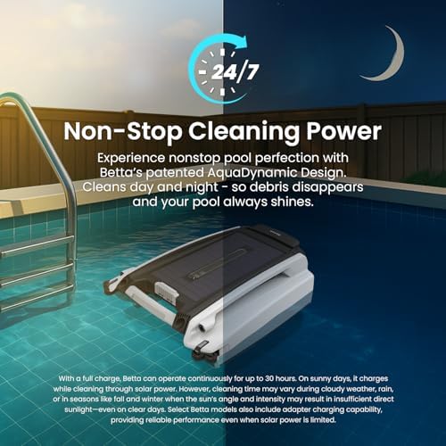 Betta SE Solar Powered Automatic Robotic Pool Surface Skimmer Cleaner with 24/7 Continuous Cleaning Battery Power and Re-Engineered Twin Salt Chlorine Tolerant Motors (White)