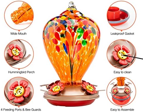 Muse Garden Hummingbird Feeders for Outdoors Hanging, Blown Glass Hummingbird Feeder Gifts for Mom, Garden Decor for Outside, Unique Gifts Idea for Women, 34OZ, Orange Fireworks