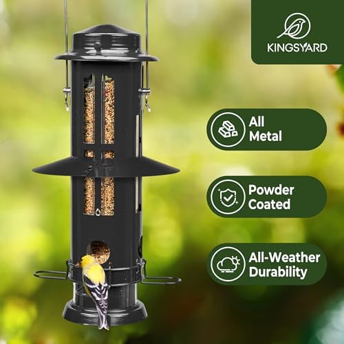 Kingsyard Squirrel Proof Bird Feeder with Removable Base, All Metal, Tube Bird Feeders for Outdoors Hanging, Easy to Clean & Refill, Black