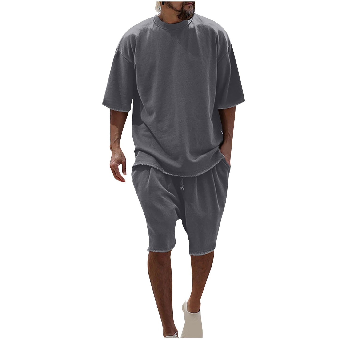 Generic Men's 2 Piece Outfits Casual Tracksuit Cargo Shorts Summer Athletic Drop Shoulder Sleeve Sportwear Set Round-Neck Solid Suits, Large