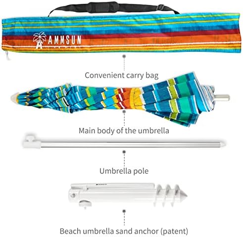 AMMSUN Beach Umbrellas for Sand Heavy Duty Wind Portable, 6.5ft Outdoor Umbrella with Sand Anchor and UV Protection, Parasols Includes Carry Bag for Beach, Patio, and Garden, Yellow Stripes