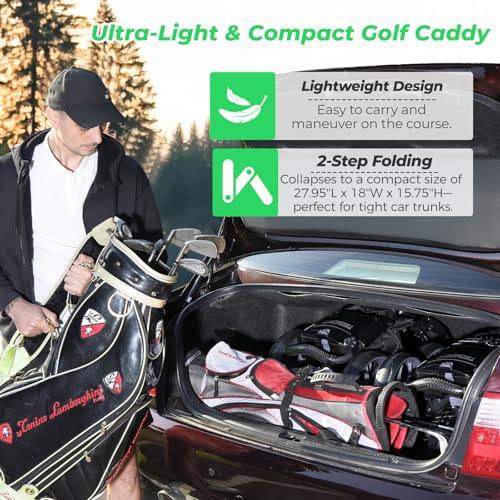 Tedycatt 4 Wheels Golf Pull Cart, Upright Light Quad Golf Roller Cart with Foot Brake, Quick Fold with Cup, Phone & Umbrella Holder, Cooler Bag, Gray