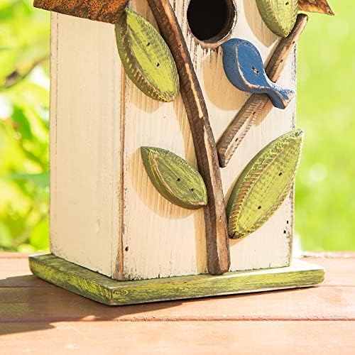 Glitzhome 9.7" H Hanging Birdhouse for Outdoor Patio Garden Decorative Pet Cottage Wooden Distressed Birdhouse, Leaves Rustic White