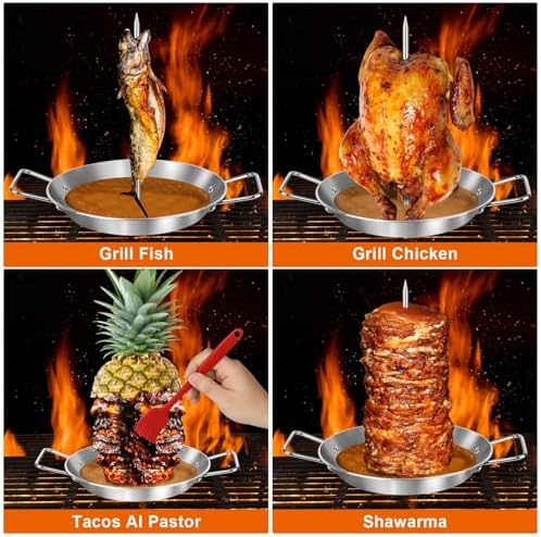 Al Pastor Skewer for Grill, Extra Large 13 Inch Gyro Pan with Fat Separator, Brazilian Spit Stand with 5 Spikes & 2 Brushes, Stainless Steel Vertical Sticks for Shawarma, Chicken on Smoker Oven