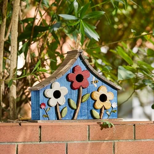 Glitzhome Bird Houses for Outside, 15" L Oversized Distressed Solid Wood Birdhouse with 3D Flowers Rustic Three-Story Villa Decorative Hand-Painted Hanging Bird Houses for Outdoors,Washed Blue