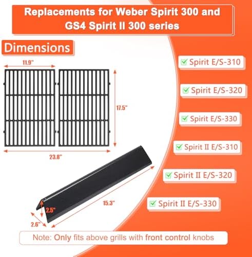 Grill Parts for Weber Spirit 300 and Spirit II 300 Series, 15.3" Flavorizer Bars & Grill Grates for Weber Spirit E-310 E-315 E-330 Series Grills with Front Control Knobs, Replace for Weber 7636 7638