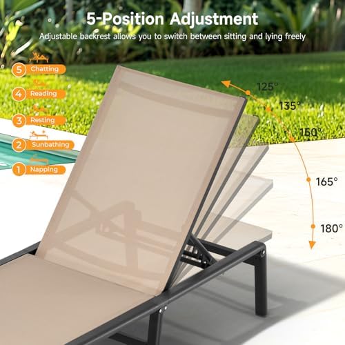 Aluminum Chaise Lounge Chair Outdoor, Foldable & Assembly Free Outdoor Lounge Chair with 5 Position Adjustable Backrest, Patio Pool Lounge Chairs for Outside Poolside Beach Lawn, 1PC, Khaki