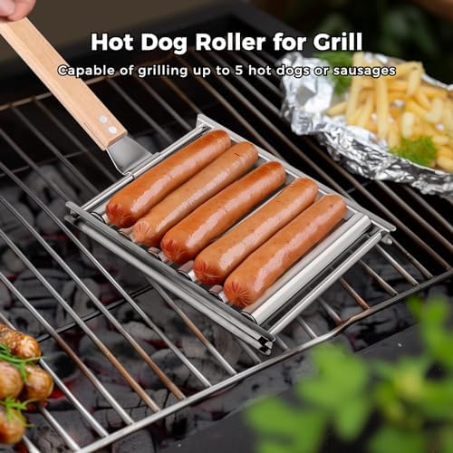 2Pcs Hot Dog Roller for Grill, Stainless Steel Sausage Roller Rack with Extra Long Wood Handle, BBQ Hot Dog Griller for Evenly Cooked Hot Dogs, 10 Hot Dog Capacity, 6.5 x 5.5 Inch