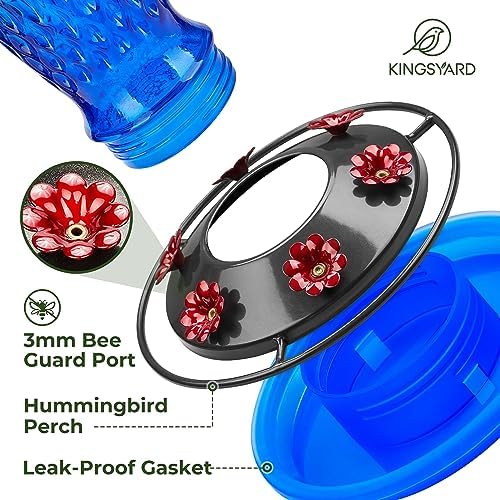 Kingsyard 2 Pack Glass Hummingbird Feeders for Outdoors Hanging, Wild Bird Nectar Feeder with 6 Feeding Ports, 24 oz Leak-Proof, Green & Blue (Ant Moat Included)