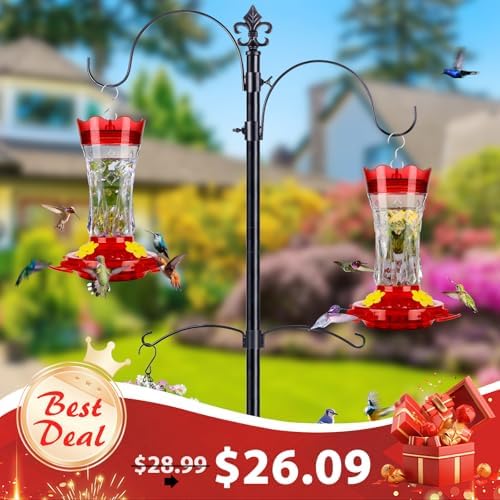 Hummingbird Feeders for Outdoors Hanging, BOLITE Glass Hummingbird Feeder, 4 Bee Guard Feeding Ports, Built-in Ant Moat, Leak Proof, 15 Ounces, Stars Decor, Red, 2 Pack, Gifts for Women Men