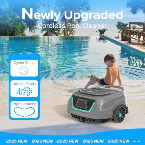 (2025 Upgraded) WYBOT A1 Cordless Pool Vacuum Up to 120 Mins Runtime, Robotic Pool Cleaner with Dual Filters, Ideal for Flat Above Ground up to 1076 Sq.ft Sq. Ft. (Deep Grey Green)