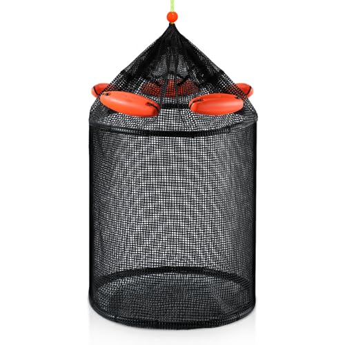 Large Foldable Floating Fish Basket for Live Caught Fish, Collapsible Mesh Bait Pen, Portable Kayak Fishing Live Well, Heavy Duty Coated Fishing Net Bag