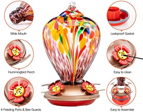 Muse Garden Hummingbird Feeders for Outdoors Hanging, Blown Glass Hummingbird Feeder, Humming Bird Gifts for Mom, Garden Decor for Outside, Unique Gifts Idea for Women, 34OZ, Purple Tulips