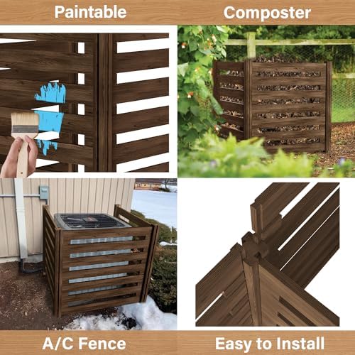 Air Conditioner Fence Wood Composter Bin 3 Panels 48 "L x 48 "W x 36 "H Privacy Screens Fence Panels for Outside，Outdoor Trash Can Pool Equipment Enclosure Panels，Brown