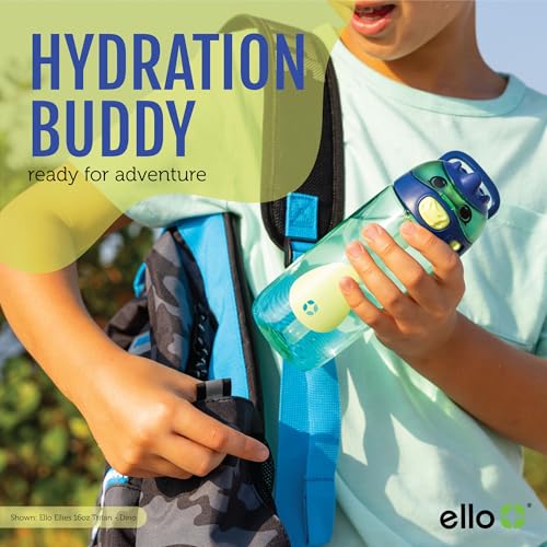 Ello Ellies 16oz Plastic Kids Water Bottle with Straw and Built-in Carrying Handle and Leak-Proof Locking Lid for School backpack, Lunchbox and Outdoor Sports, Dino