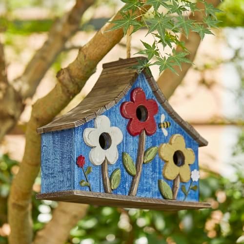 Glitzhome Bird Houses for Outside, 15" L Oversized Distressed Solid Wood Birdhouse with 3D Flowers Rustic Three-Story Villa Decorative Hand-Painted Hanging Bird Houses for Outdoors,Washed Blue