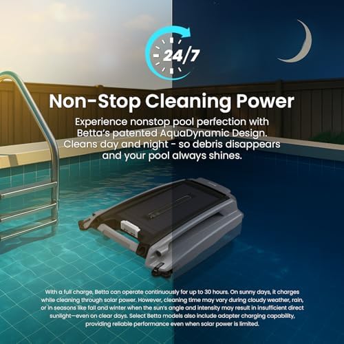 Betta SE Plus - Solar-Powered Robotic Pool Skimmer with 24/7 Continuous Cleaning Power, Dual Charging Options, Twin Salt Chlorine Tolerant Motors, and Shallow Water Safeguard