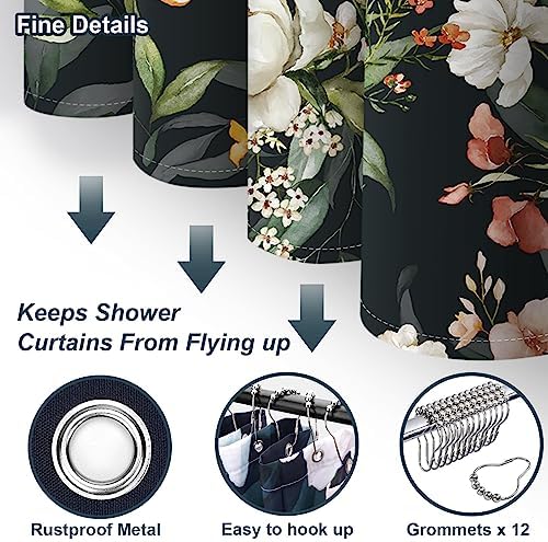 Amaredom Black Floral Shower Curtain, Colorful Flowers Shower Curtain for Bathroom, Waterproof Fabric Shower Curtain Set with 12 Hooks 72x72 Inches
