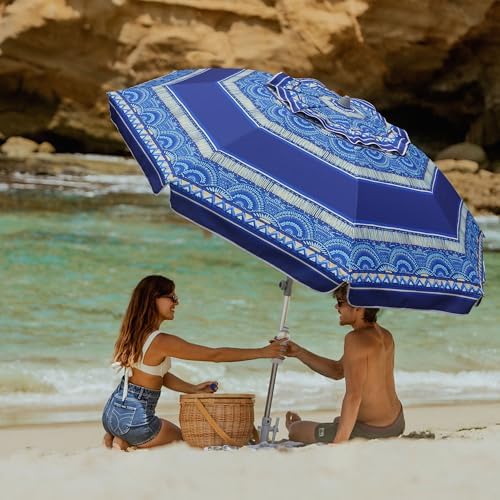 AMMSUN 7ft Heavy Duty High Wind Beach Umbrella with Sand Anchor & Tilt Sun Shelter, UPF50+ Protection Outdoor Sunshade Umbrellas and Parasols Carry Bag for Patio Garden Beach Pool Backyard