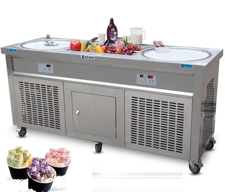 Kolice Commercial 22" Double Round Pans Thai Fried Ice Cream Machine Roll Ice Cream Machine-ETL NSF,Smart AI Temperature Control, Full Transparent Sneeze Guard,10 Refrigerated Small Buckets