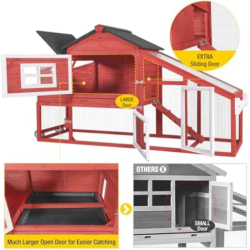 Aivituvin Chicken Coop Outdoor with Wheels, Mobile Hen House Wooden Poultry Cage with Run & Waterproof Roof (Red with White)
