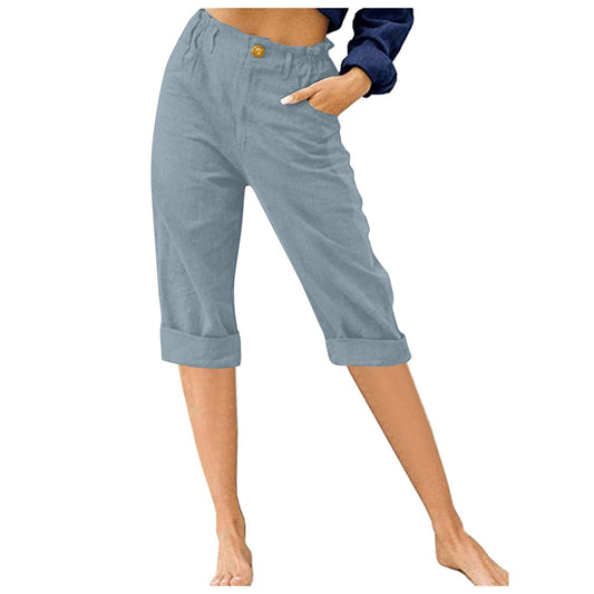 APIVOE Linen Capri Pants for Women Summer Casual Elastic Waist Cropped Pants Cotton Wide Leg Plus Size Capris with Pockets