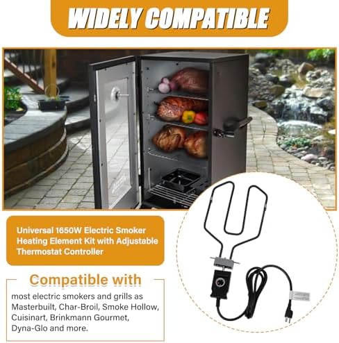Upgrade 1650W Electric Smoker Heating Element with Adjustable Thermostat Controller, Universal Replacement Parts for Smoke Hollow, Charbroil, Dyna-Glo, Masterbuilt, Cuisinart etc Electric Smoker Grill