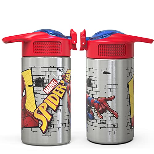 Zak Designs Stainless Steel One Hand Operation Lid and Built-in Carrying Loop Water Bottle with Straw Spout is Perfect for Kids (15.5 oz, BPA Free), 1 Count (Pack of 1), Spiderman