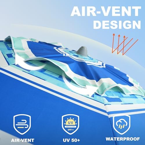 AMMSUN 7ft Heavy Duty Windproof Portable Beach Umbrella with Sand Anchor Vent Adjustable Height with Tilt Aluminum Pole, Portable UV 50+ Protection Carry Bag for Patio Garden Beach Pool Backyard