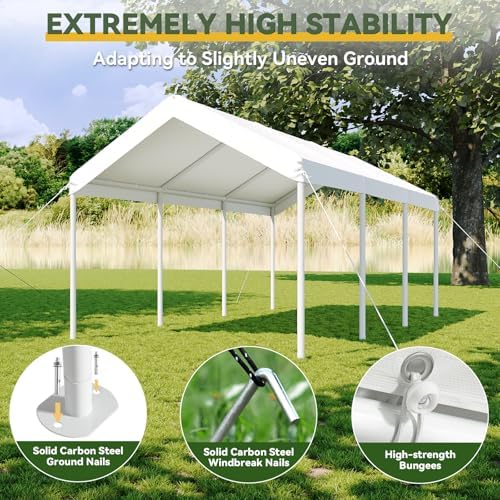 Aoxun 10x20 ft Heavy Duty Carport with Tarp & Wind Resistance Portable Carport Car Tent Outdoor Car Port with Tear Resistant Canopy, No Sidewall - White