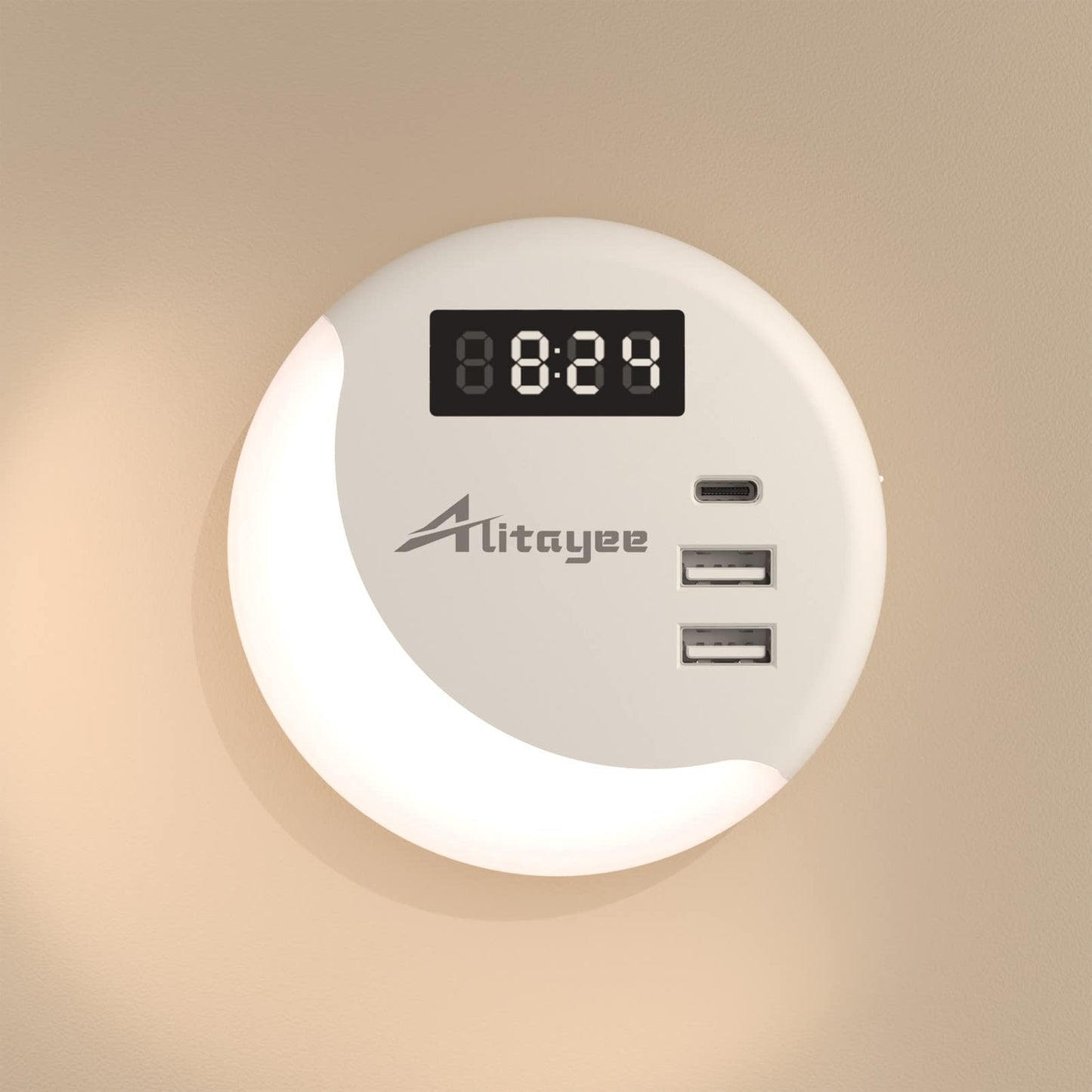 Alitayee LED Night Light, Night Lights Plug Into Wall, Smart Light Sensor Nightlight with USB C Charger(MAX 15.5W) and Digital Clock for Bedroom Stairs Kitchen Hallway Room Kids Adults Daylight White