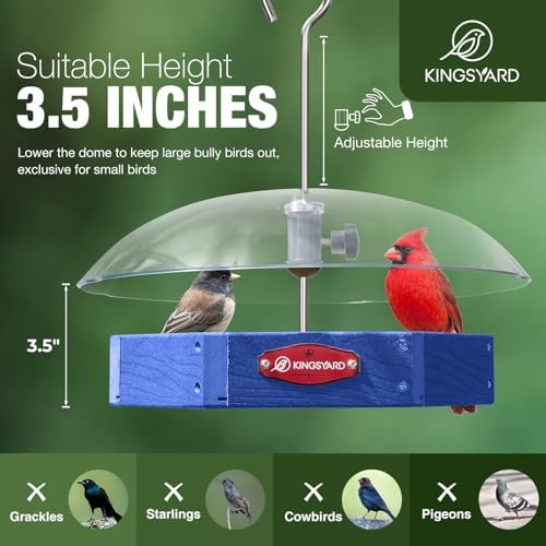 Kingsyard Platform Bird Feeder for Outdoor Hanging - Rugged Recycled Plastic Wild Bird Feeding Station with Adjustable Dome & Metal Mesh Tray, Blue