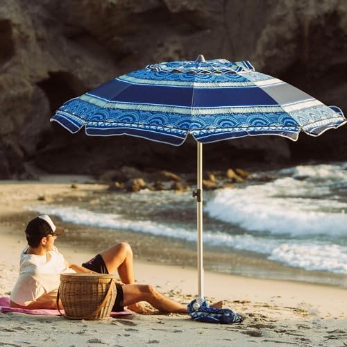 AMMSUN 7ft Heavy Duty High Wind Beach Umbrella with Sand Anchor & Tilt Sun Shelter, UPF50+ Protection Outdoor Sunshade Umbrellas and Parasols Carry Bag for Patio Garden Beach Pool Backyard